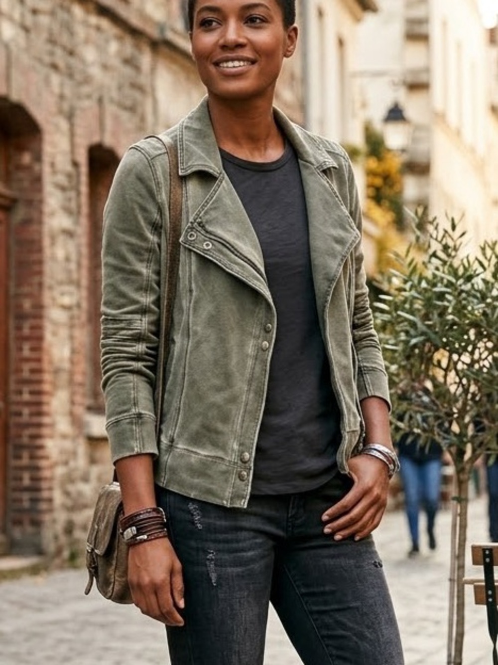 Anthropologie | Marrakech Olive Green Vintage Wash Cotton Blend Moto Jacket